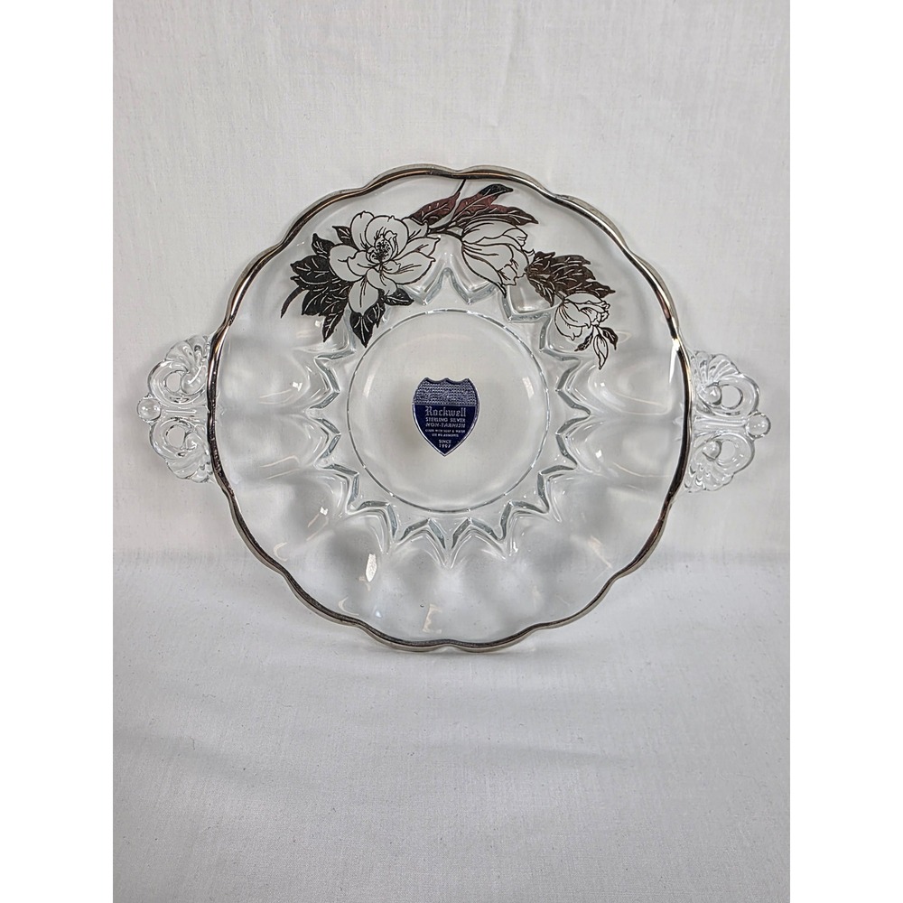 Rockwell‎ Sterling Silver Non-Tarnish 8 Inch Glass Plate Floral Design Handles